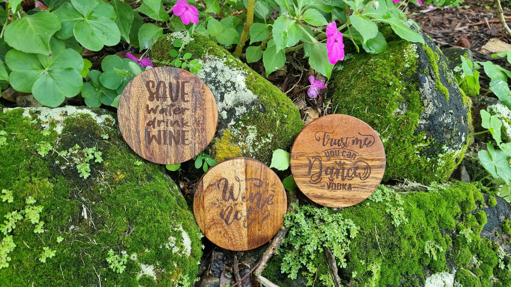 WINE & VODKA Acacia Wood Laser Engraved Custom Coasters