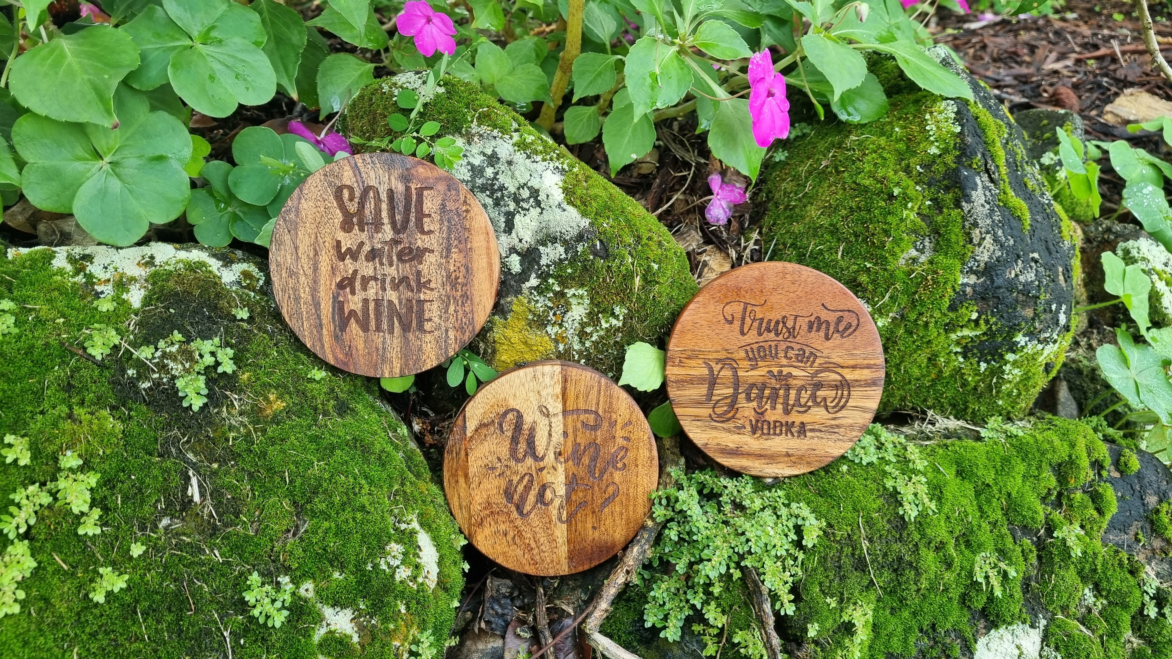 WINE & VODKA Acacia Wood Laser Engraved Custom Coasters