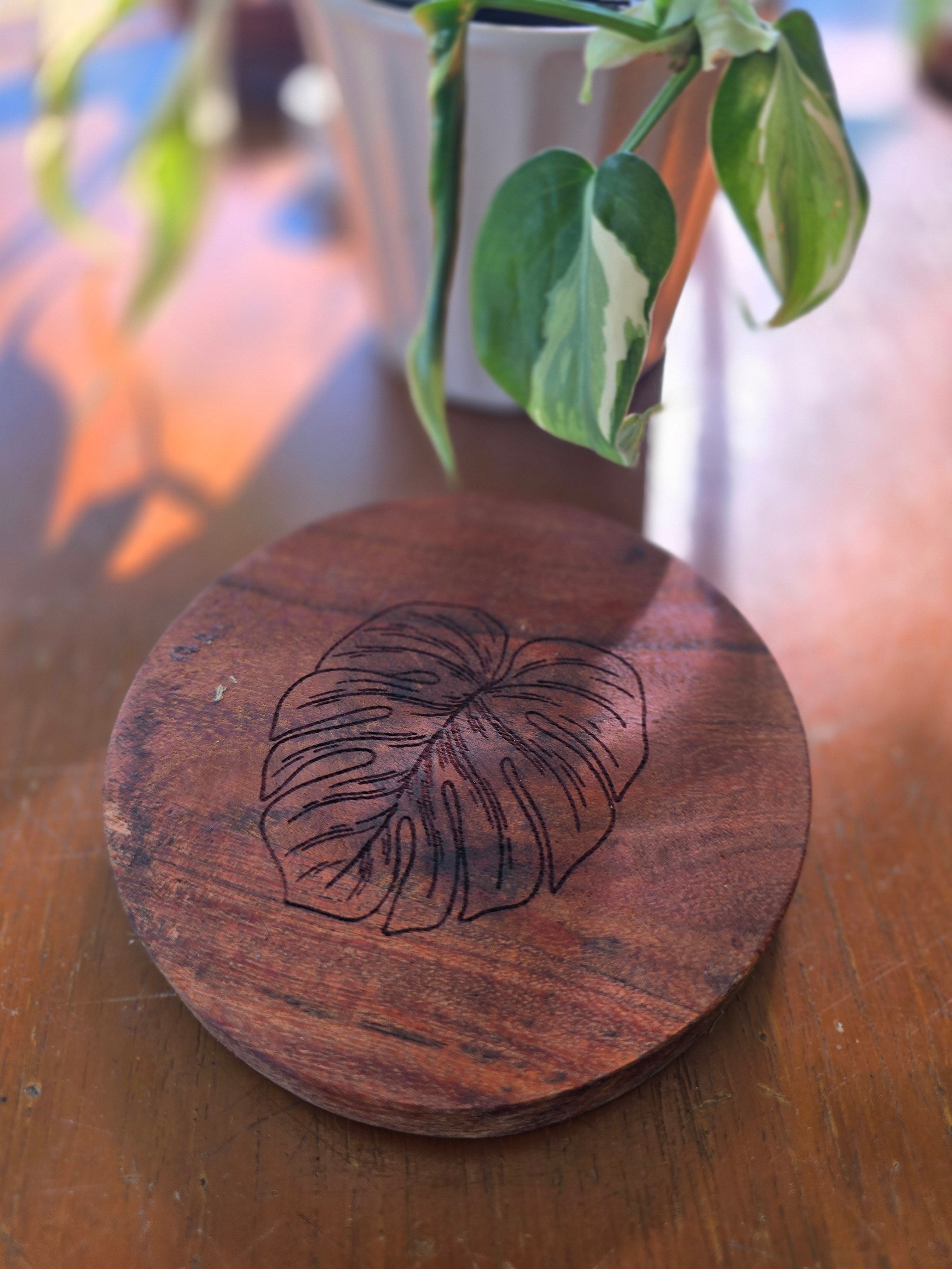 PLANT Acacia Wood Laser Engraved Custom Coasters